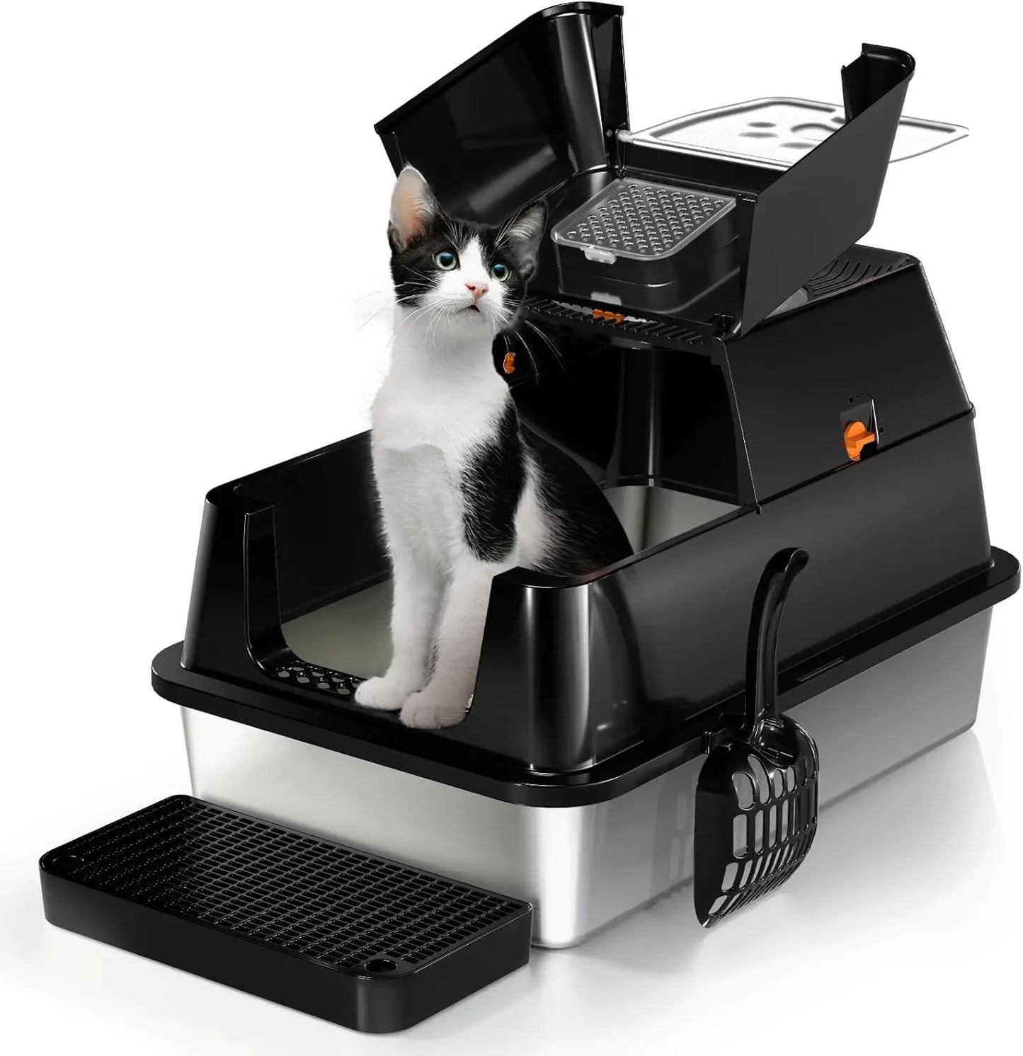 XL Stainless Steel Flip-Top Covered Cat Litter Box with Lid & Scoop Flip Top Black