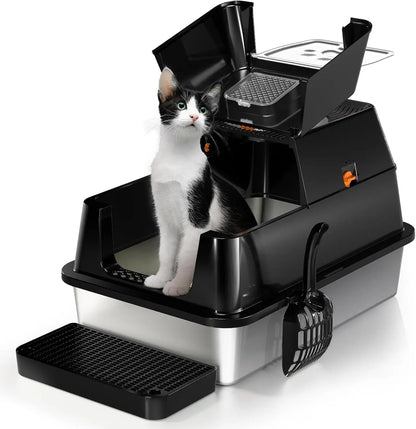 XL Stainless Steel Flip-Top Covered Cat Litter Box with Lid & Scoop Flip Top Black