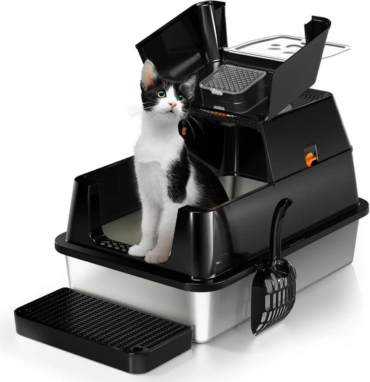 XL Stainless Steel Flip-Top Covered Cat Litter Box with Lid & Scoop Flip Top Black