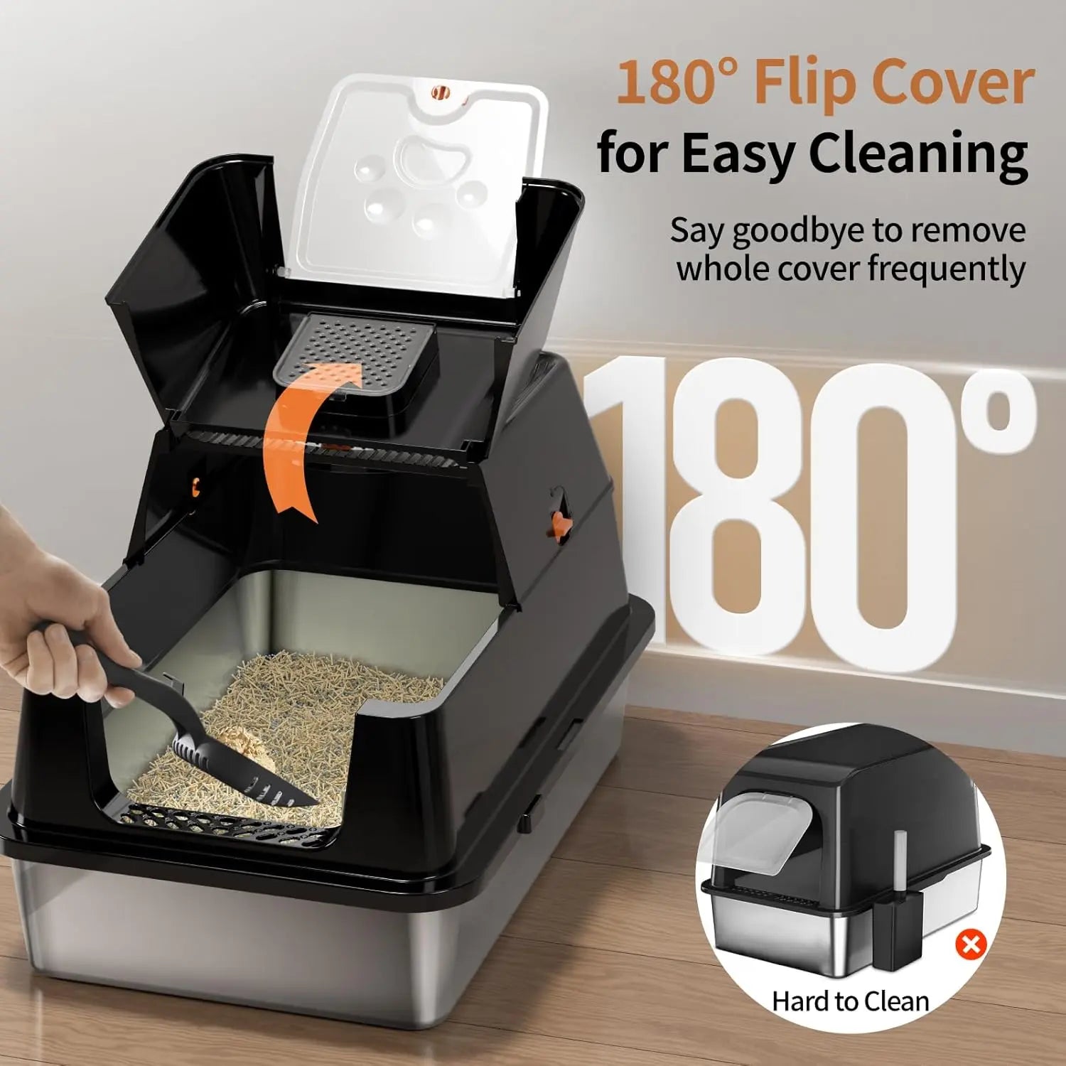 XL Stainless Steel Flip-Top Covered Cat Litter Box with Lid & Scoop