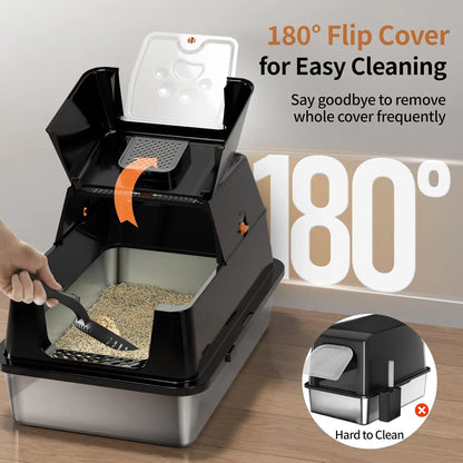 XL Stainless Steel Flip-Top Covered Cat Litter Box with Lid & Scoop