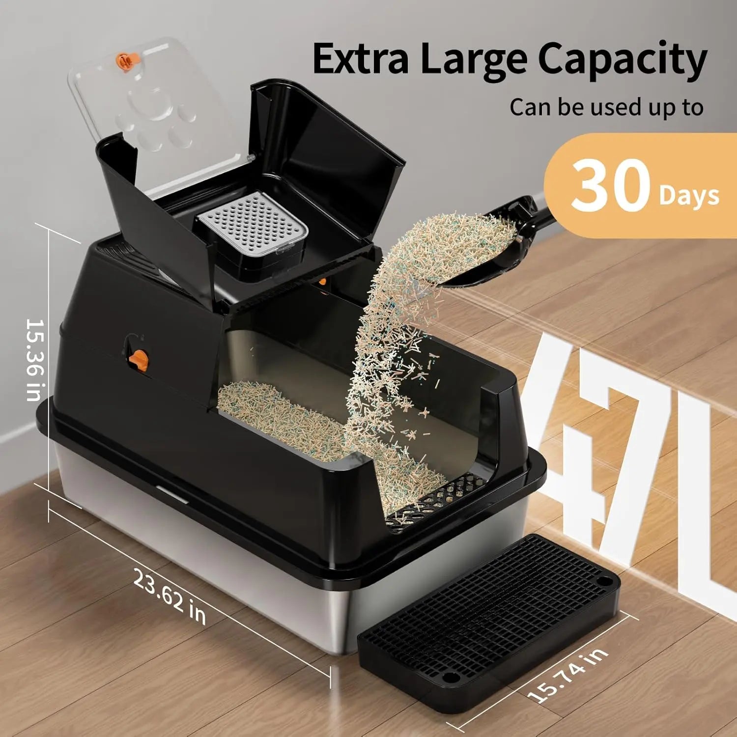 XL Stainless Steel Flip-Top Covered Cat Litter Box with Lid & Scoop