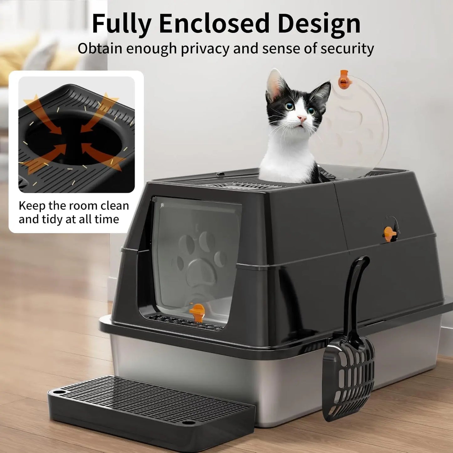 XL Stainless Steel Flip-Top Covered Cat Litter Box with Lid & Scoop