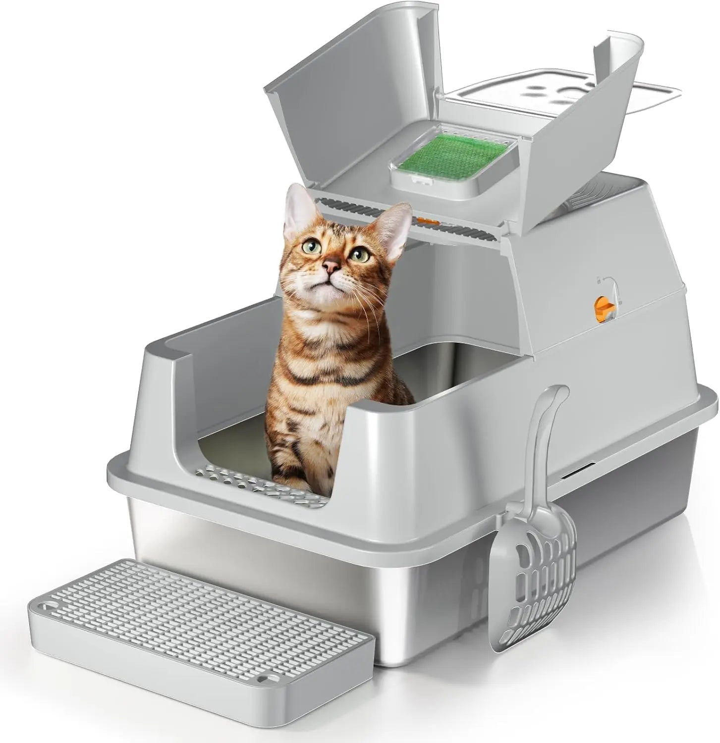 XL Stainless Steel Flip-Top Covered Cat Litter Box with Lid & Scoop Flip Top Grey