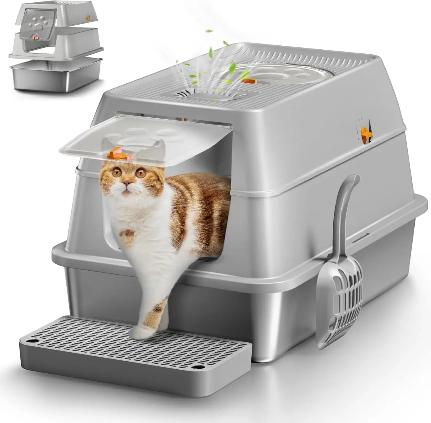 XL Stainless Steel Flip-Top Covered Cat Litter Box with Lid & Scoop Grey