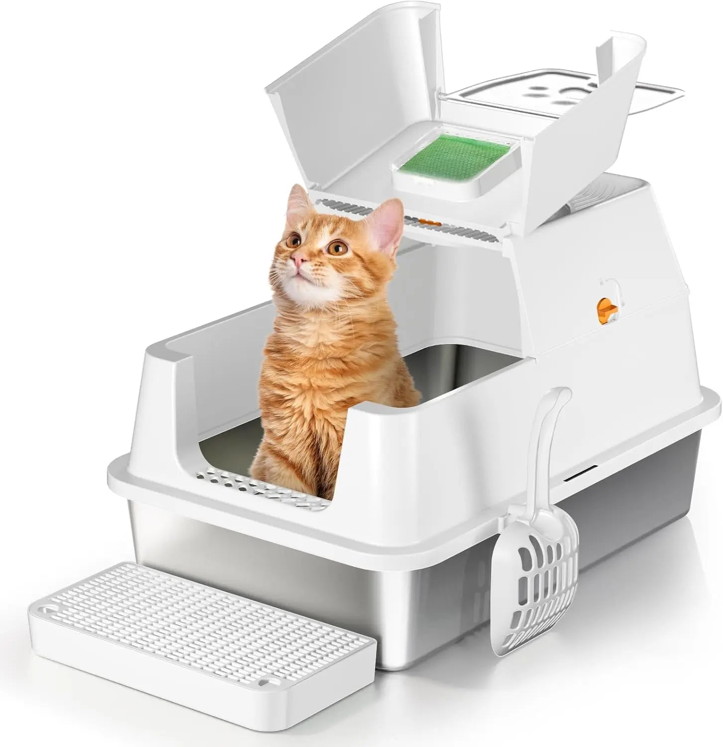 XL Stainless Steel Flip-Top Covered Cat Litter Box with Lid & Scoop Flip Top White