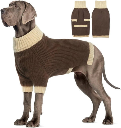 XL–5XL Dog Sweater with Harness Hole – Warm Stretch Turtleneck Winter Outfit Brown Xxxxx-Large (Chest 41")