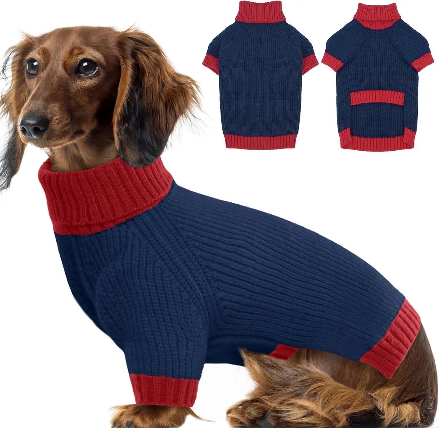 XL–5XL Dog Sweater with Harness Hole – Warm Stretch Turtleneck Winter Outfit Navyblue Large (Chest 21")