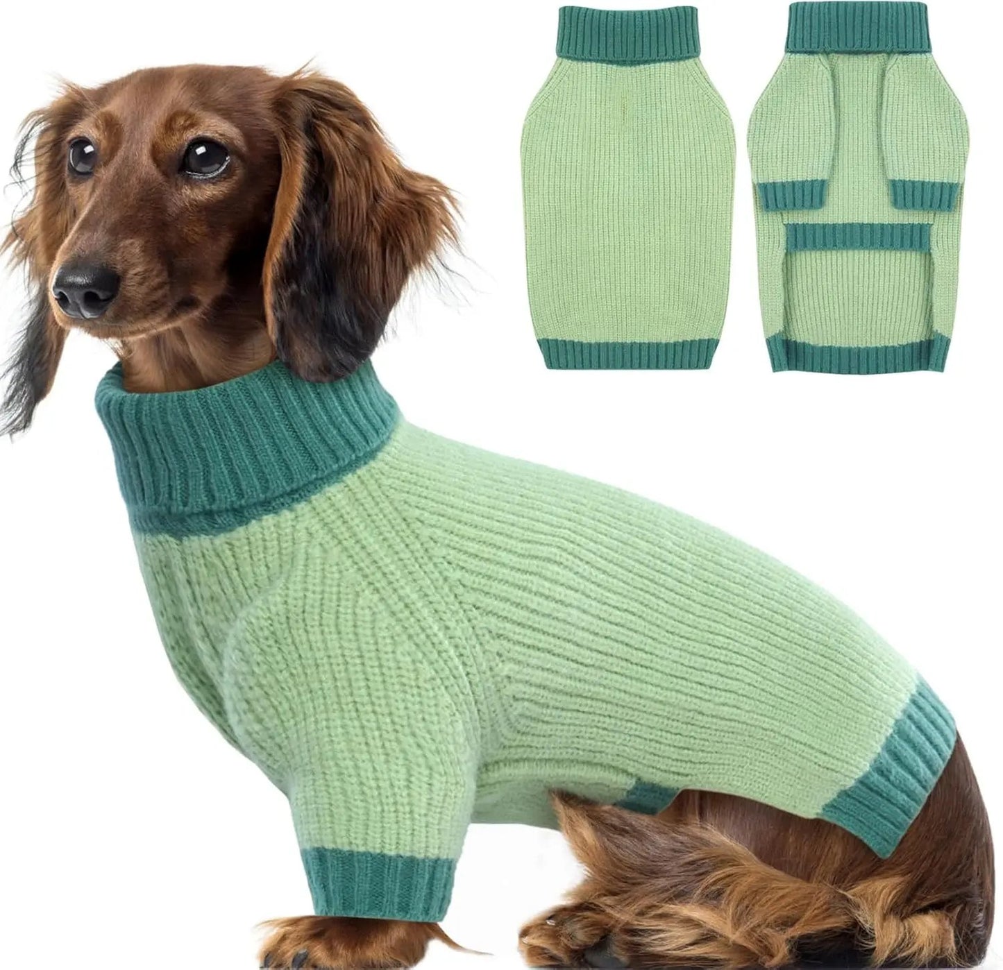 XL–5XL Dog Sweater with Harness Hole – Warm Stretch Turtleneck Winter Outfit Green