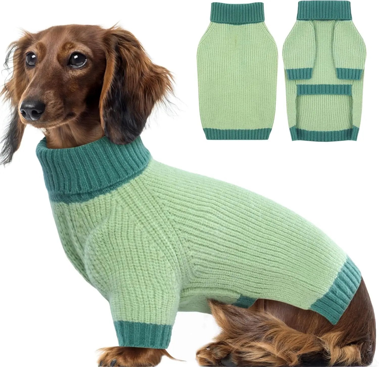XL–5XL Dog Sweater with Harness Hole – Warm Stretch Turtleneck Winter Outfit Green