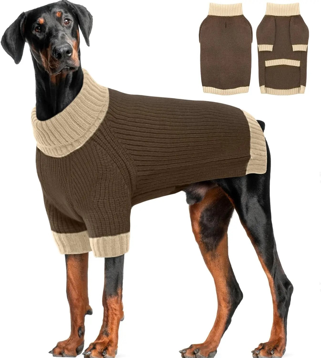 XL–5XL Dog Sweater with Harness Hole – Warm Stretch Turtleneck Winter Outfit Brown Xxxx-Large (Chest 35.5")