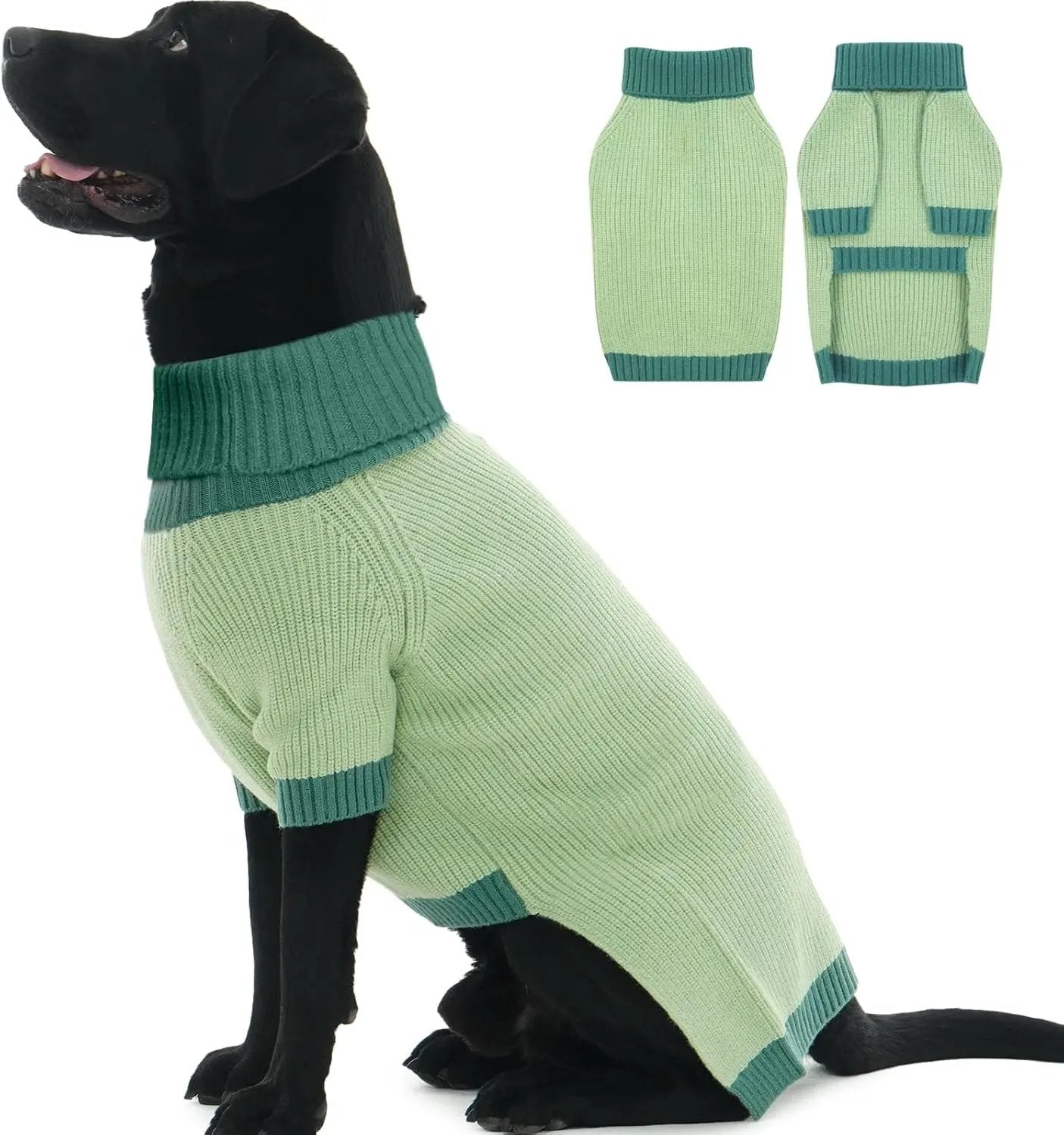 XL–5XL Dog Sweater with Harness Hole – Warm Stretch Turtleneck Winter Outfit Green