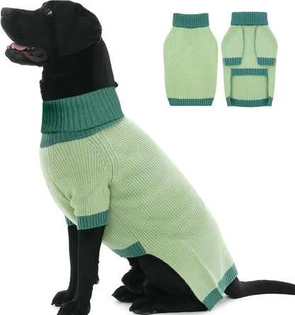 XL–5XL Dog Sweater with Harness Hole – Warm Stretch Turtleneck Winter Outfit Green