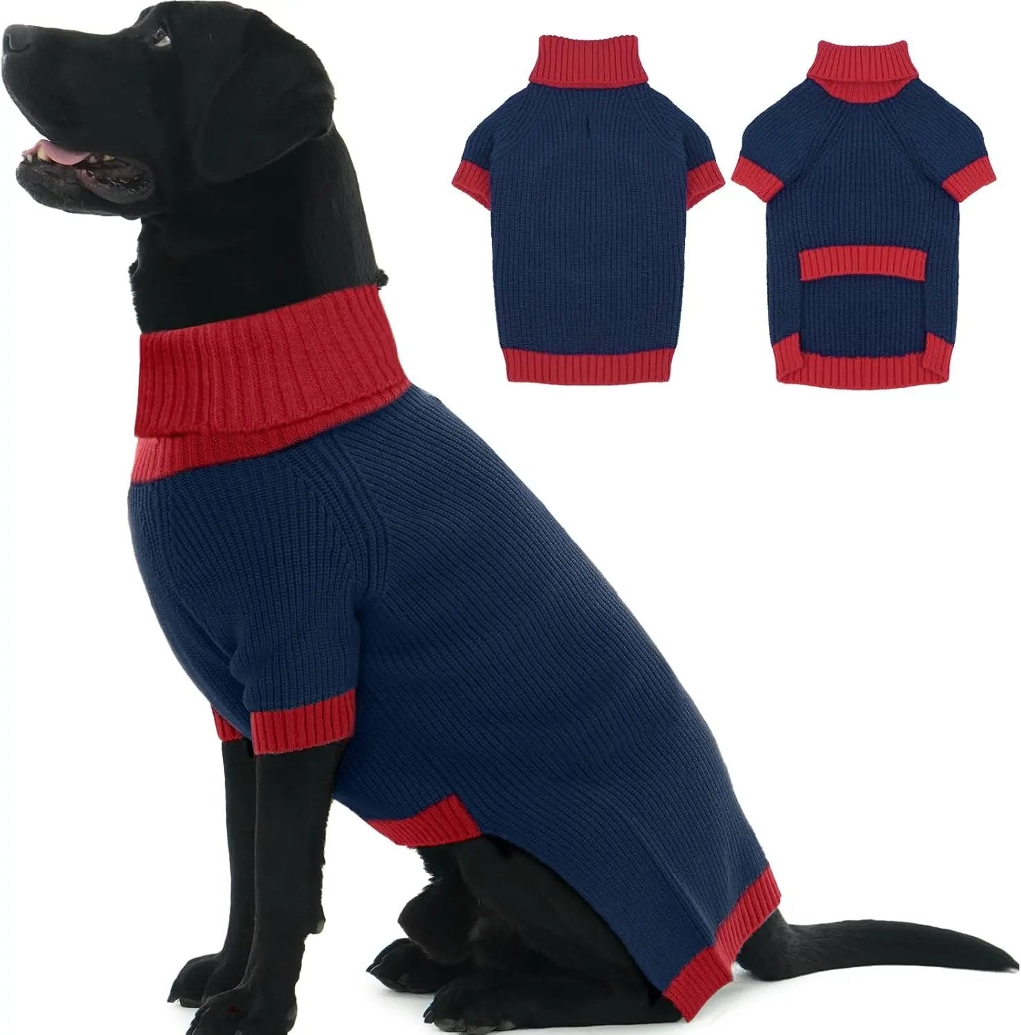 XL–5XL Dog Sweater with Harness Hole – Warm Stretch Turtleneck Winter Outfit Navyblue