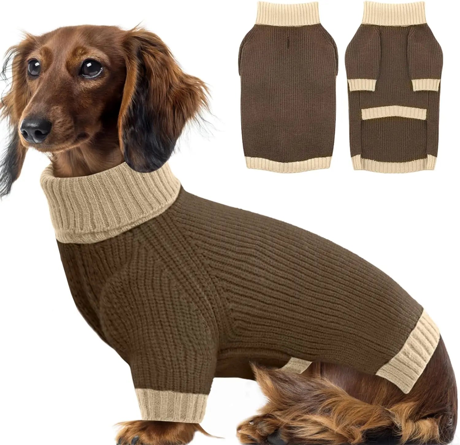 XL–5XL Dog Sweater with Harness Hole – Warm Stretch Turtleneck Winter Outfit Brown