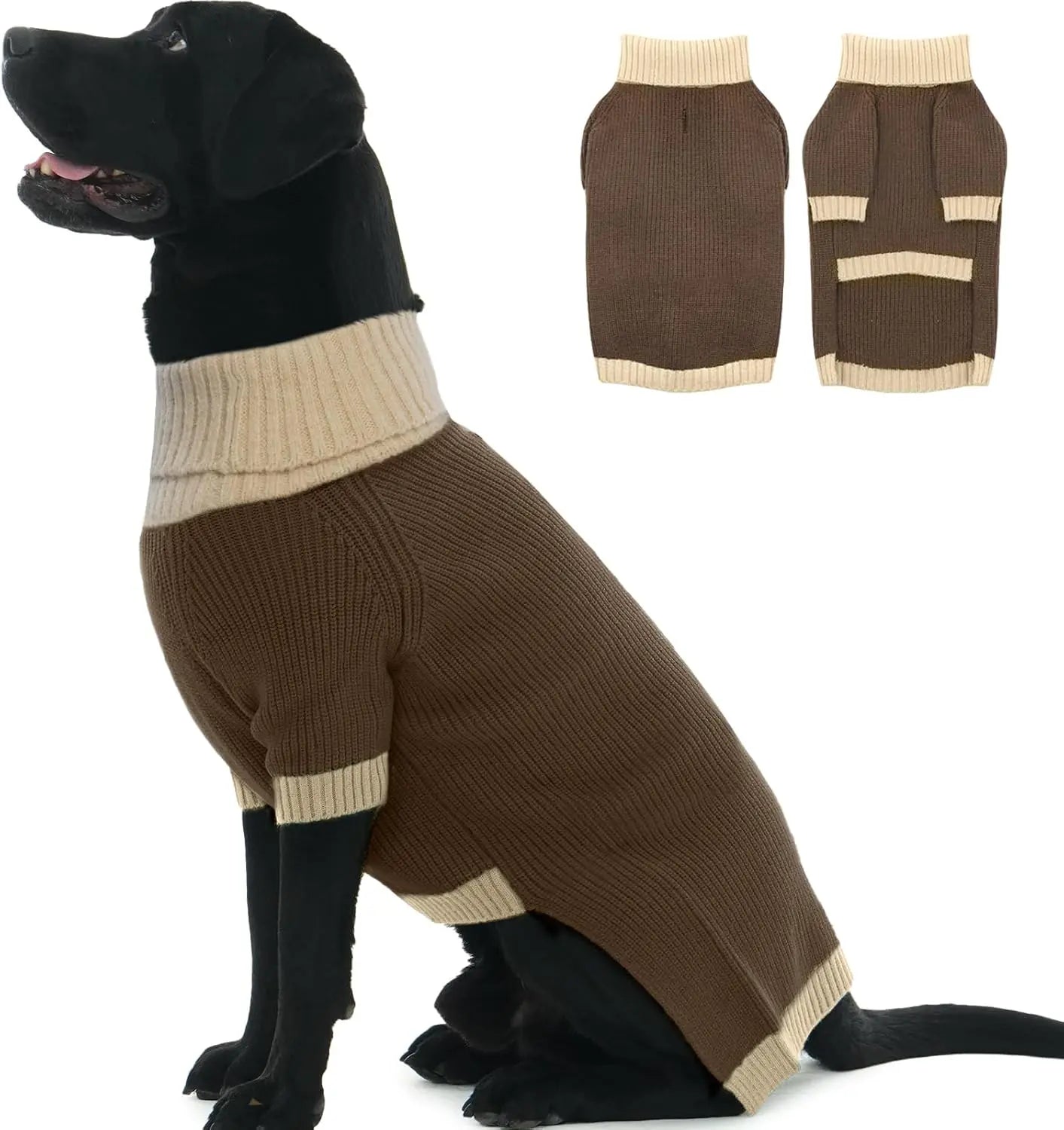 XL–5XL Dog Sweater with Harness Hole – Warm Stretch Turtleneck Winter Outfit Brown