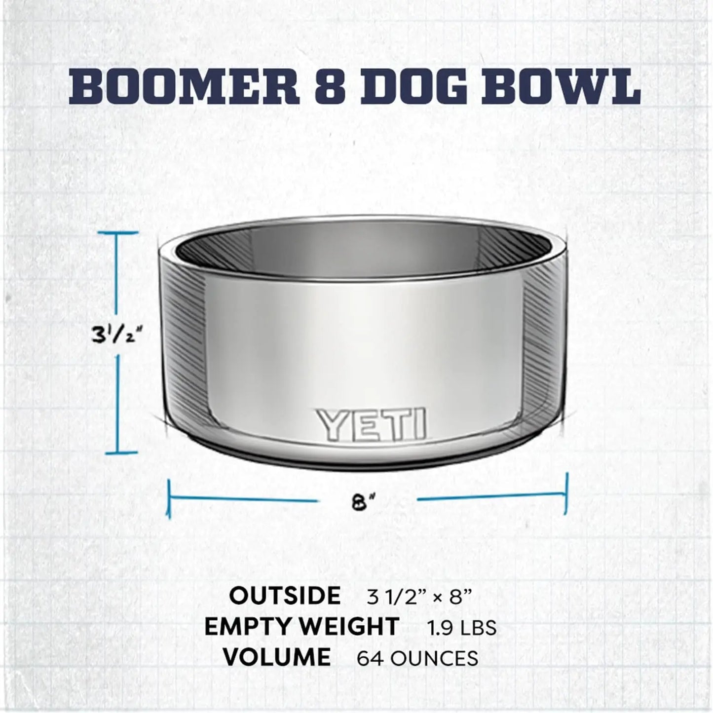 YETI 8, Stainless Steel, Non-Slip Dog Bowl, Holds 64 Ounces