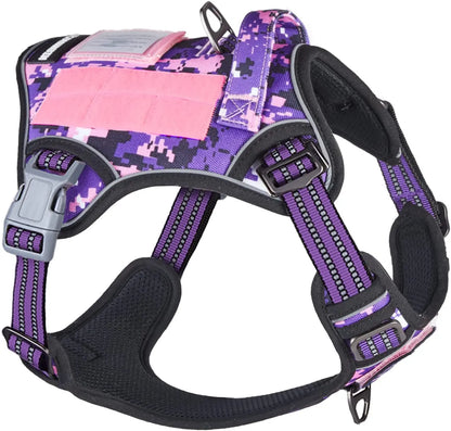 Tactical No Pull Dog Harness Large Dogs Adjustable Reflective Training Vest w/ Handle Purple Camo S(Neck:13-16", Chest:15-23")
