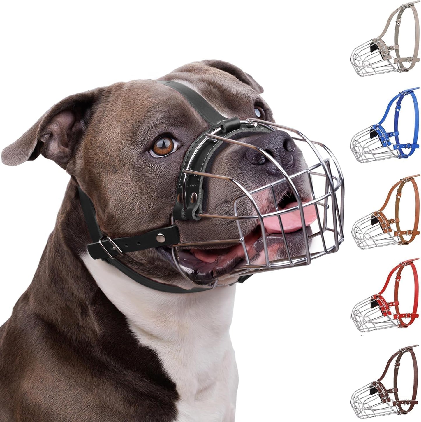 Breathable Metal Basket Dog Muzzle for Large Dogs with Leather Straps Leather, Black
