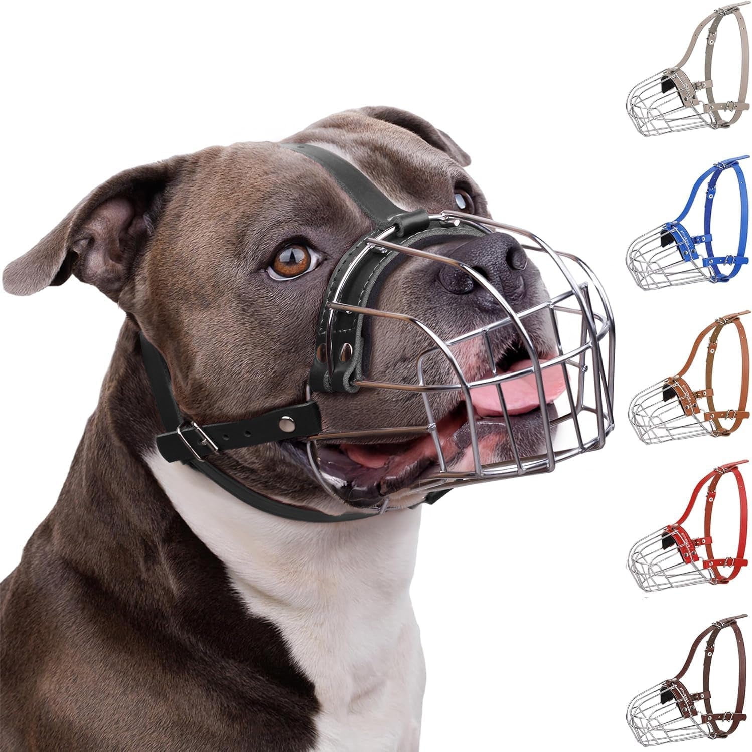 Breathable Metal Basket Dog Muzzle for Large Dogs with Leather Straps Leather, Black