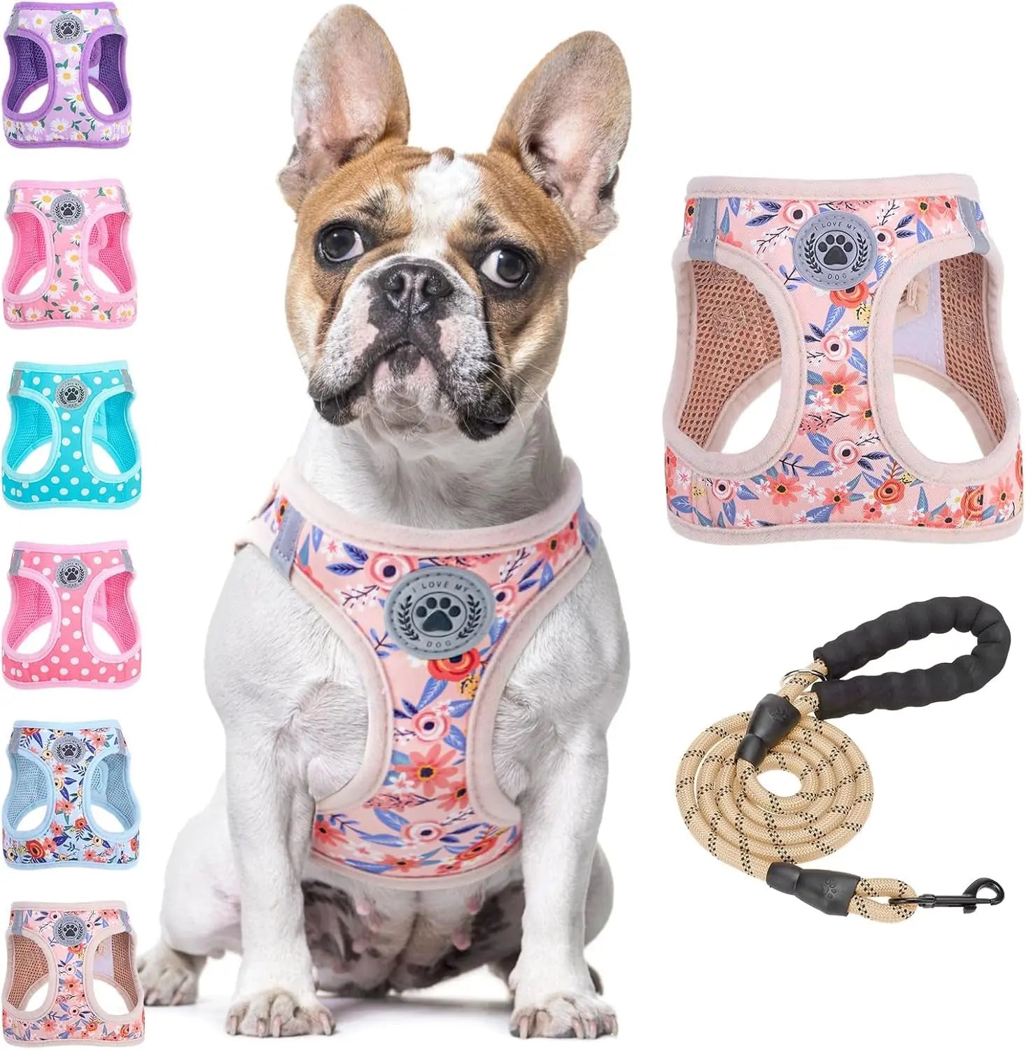 Step-In Dog Harness & Leash Set in Various Patterns – Reflective No Pull (XS- XL) Pink Rose Large(Chest Girth 18" - 21")