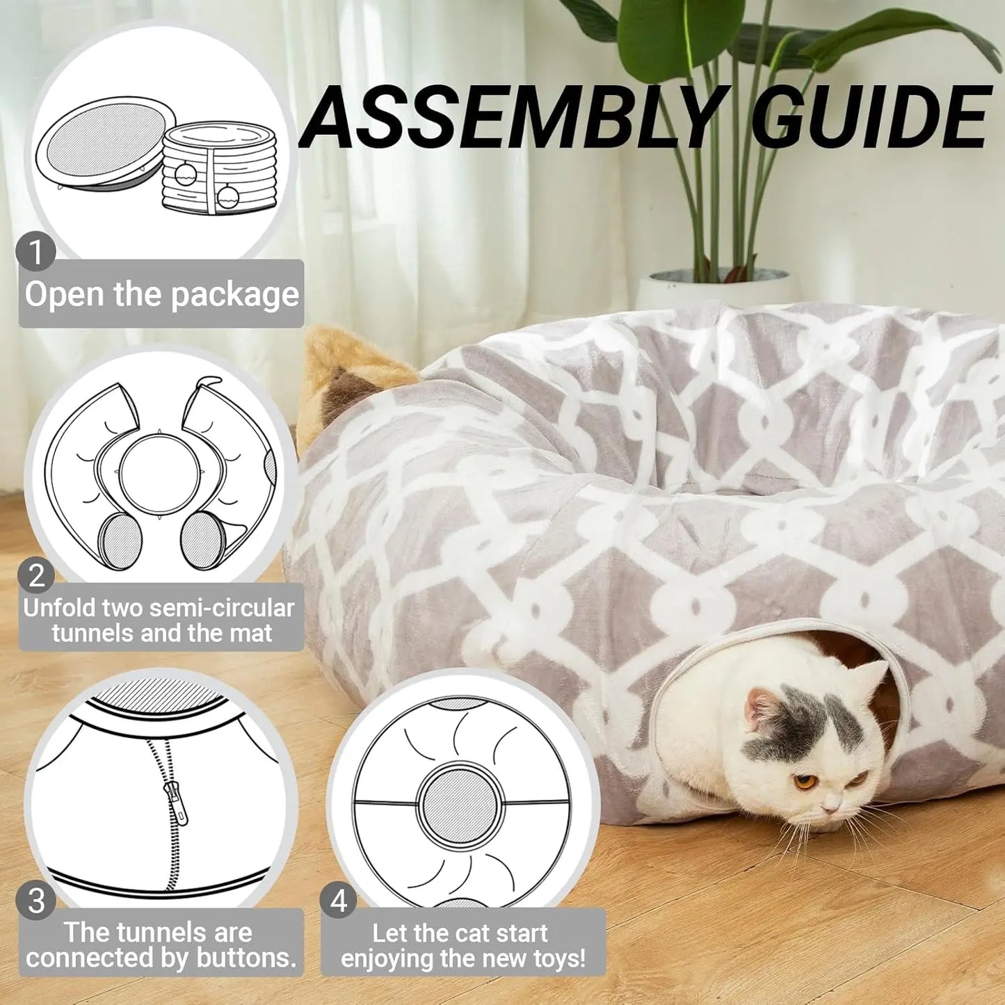 Plush Cat Tunnel Bed & Play Met - Large 10" x 3" Flexible Play Tube with Cushion & Toys for Cats, Kittens & Small Dogs