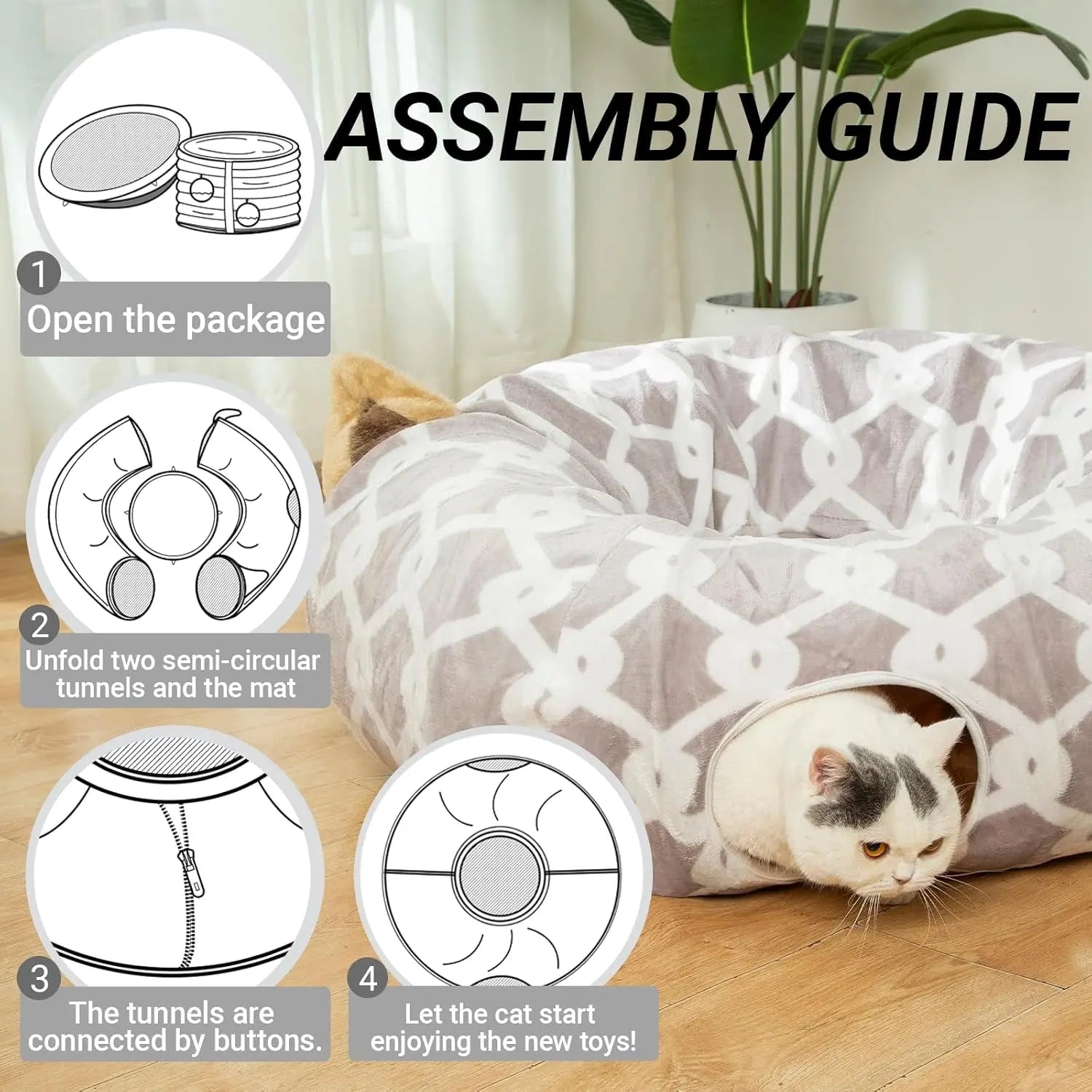 Plush Cat Tunnel Bed & Play Met - Large 10" x 3" Flexible Play Tube with Cushion & Toys for Cats, Kittens & Small Dogs