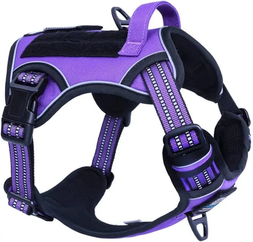 Tactical No Pull Dog Harness Large Dogs Adjustable Reflective Training Vest w/ Handle Purple S(Neck:13-16", Chest:15-23")