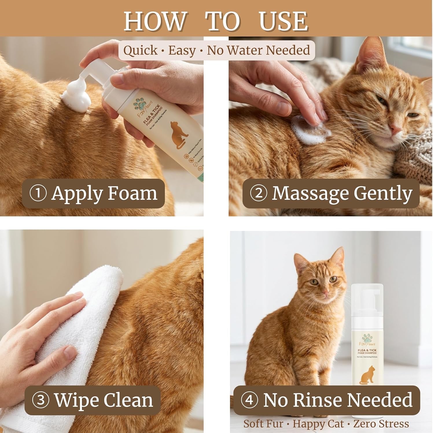 Cat Waterless Foam Shampoo Flea Tick Grooming No Rinse 6.7oz