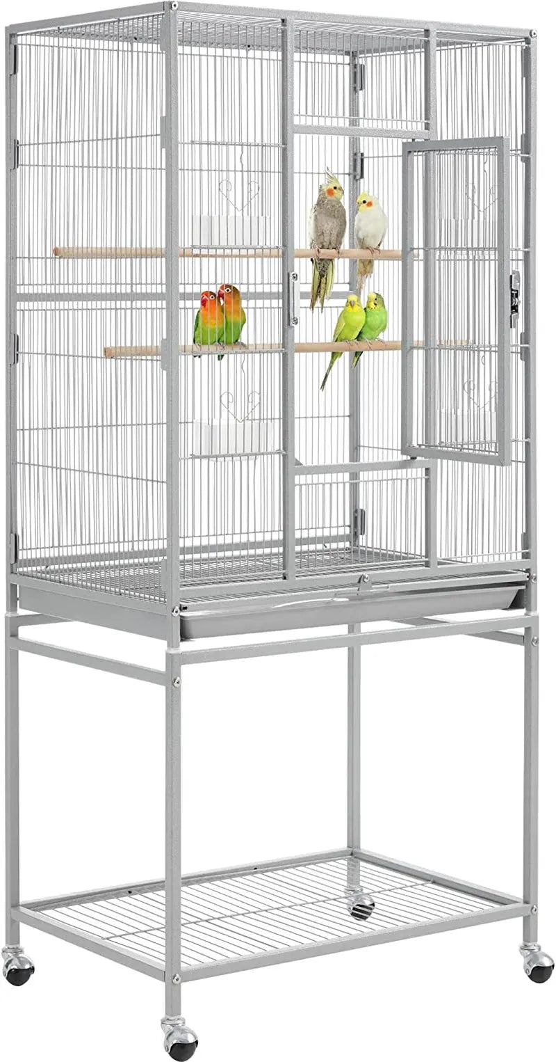 54" Wrought Iron Flight Bird Cage with Stand - Ideal for Parakeets, Conures, Lovebirds, Finches & Canaries Light Gray 24.5"L X 17.0"W X 53.5"H