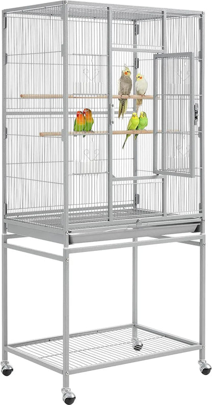 54" Wrought Iron Flight Bird Cage with Stand - Ideal for Parakeets, Conures, Lovebirds, Finches & Canaries Light Gray 24.5"L X 17.0"W X 53.5"H