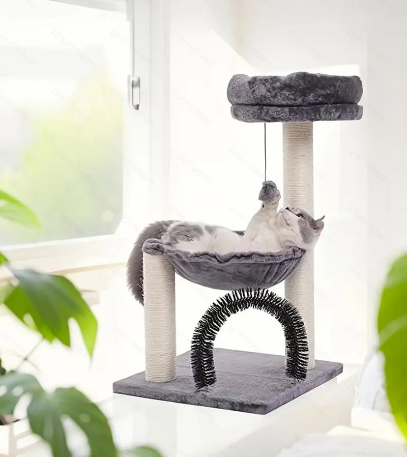 27.5" Cat Tower for Indoor Cats, Multi-Level Scratching Posts, Plush Basket & Perch, Dangling Ball for Play & Rest