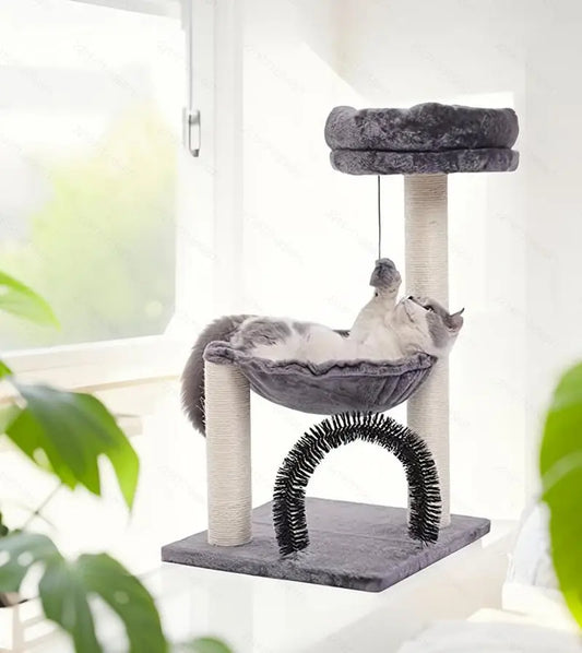 27.5" Cat Tower for Indoor Cats, Multi-Level Scratching Posts, Plush Basket & Perch, Dangling Ball for Play & Rest