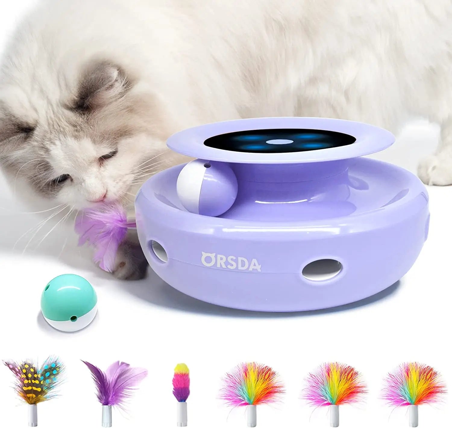 2-in-1 Interactive Cat Toy for Indoor Cats, Automatic Ball & Feather Play with 7 Attachments, Adjustable Speed, Dual Power