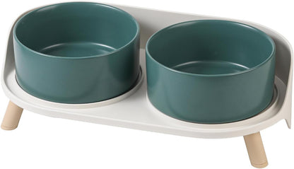 Elevated Ceramic Cat & Dog Bowl Set with Splash Guard, Non-Slip Stand (2x480ml) Green Medium