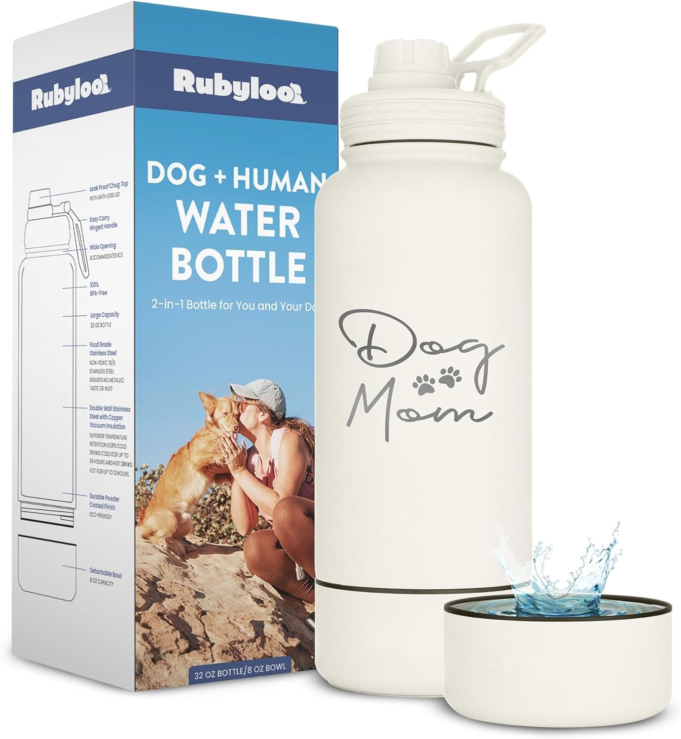 Dog Mom Water Bottle 32oz Insulated Stainless Steel with Dog Bowl Travel Dog Mom: Cream