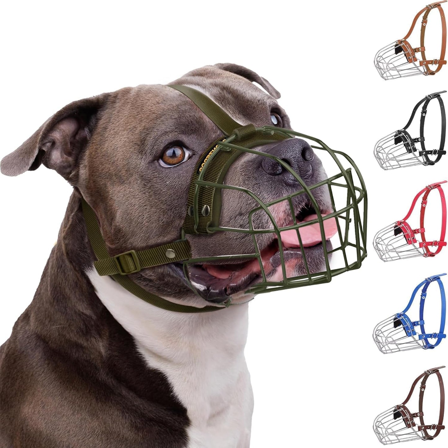 Breathable Metal Basket Dog Muzzle for Large Dogs with Leather Straps Nylon, Military Green