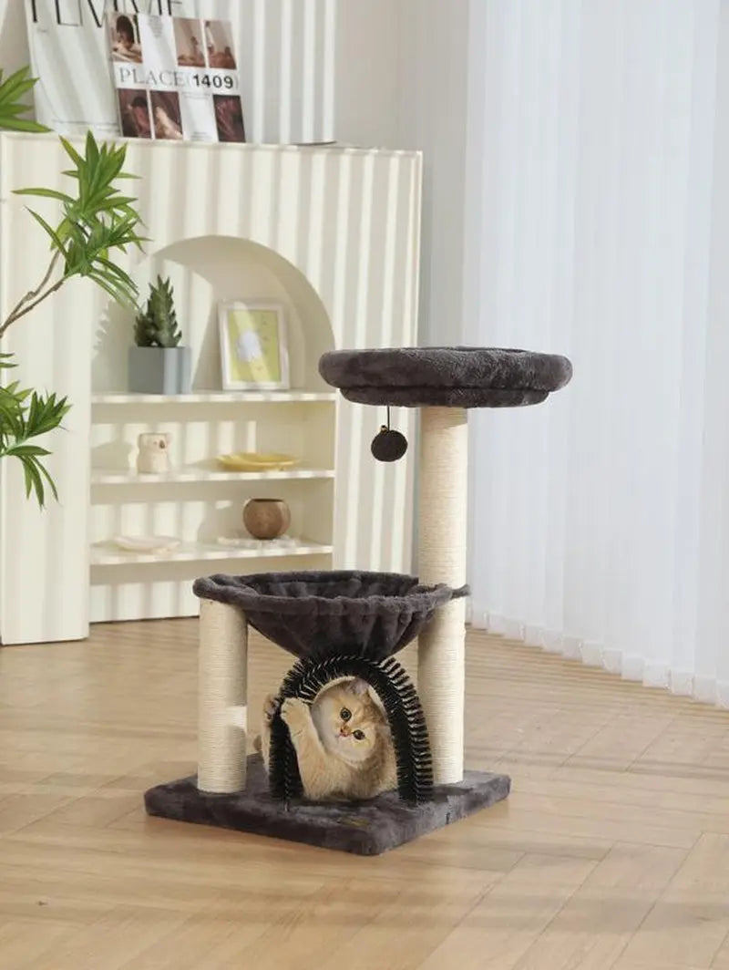 27.5" Cat Tower for Indoor Cats, Multi-Level Scratching Posts, Plush Basket & Perch, Dangling Ball for Play & Rest
