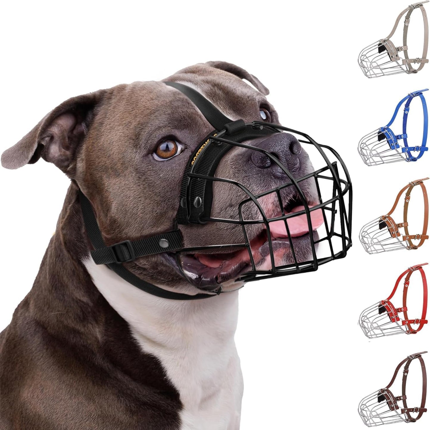 Breathable Metal Basket Dog Muzzle for Large Dogs with Leather Straps Nylon, Black