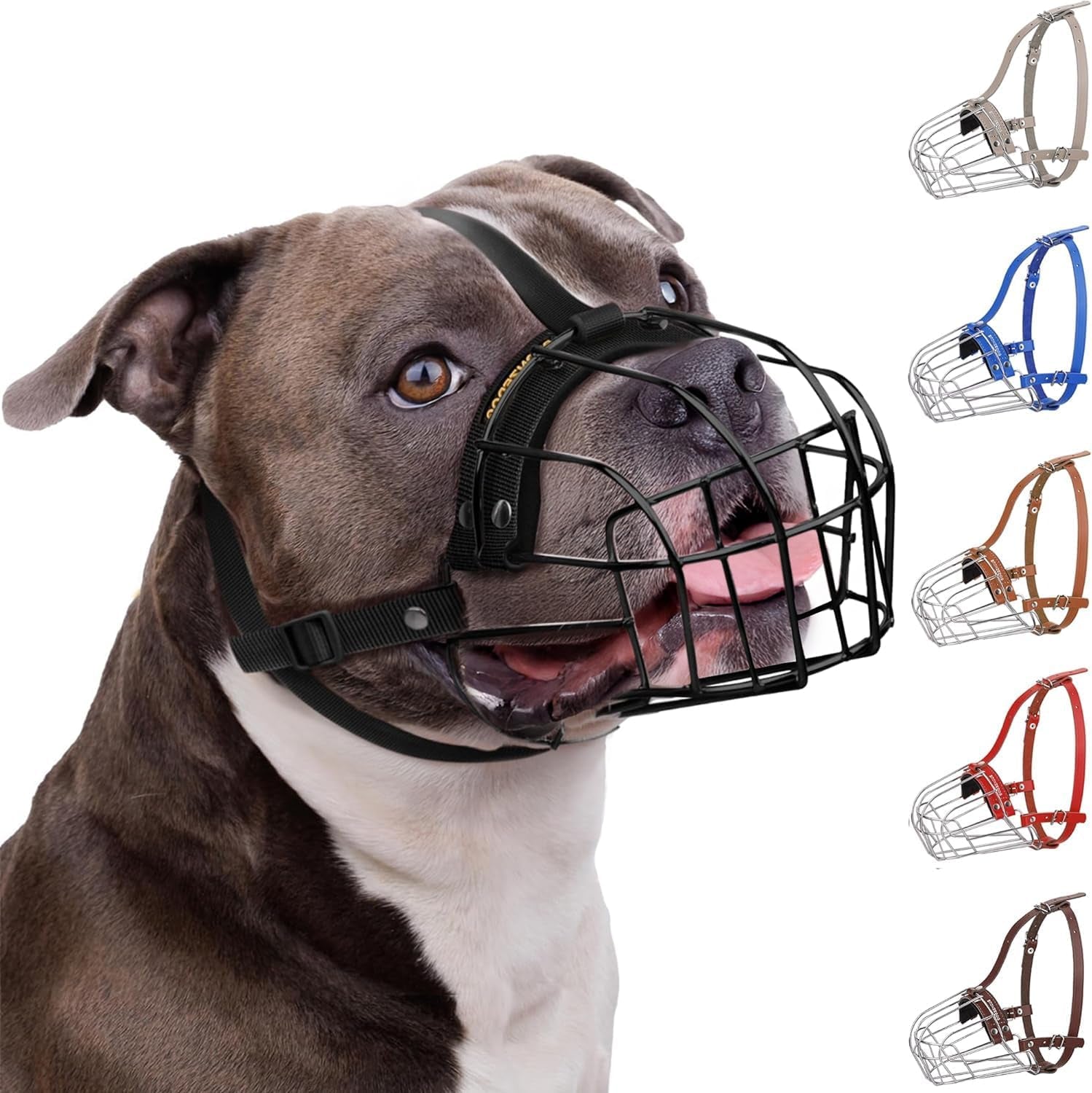 Breathable Metal Basket Dog Muzzle for Large Dogs with Leather Straps Nylon, Black