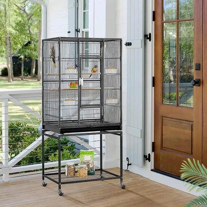 54" Wrought Iron Flight Bird Cage with Stand - Ideal for Parakeets, Conures, Lovebirds, Finches & Canaries