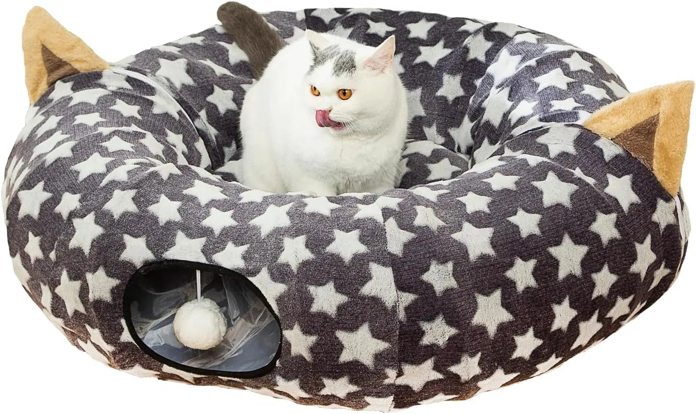 Plush Cat Tunnel Bed & Play Met - Large 10" x 3" Flexible Play Tube with Cushion & Toys for Cats, Kittens & Small Dogs Gray Star Tunnel Bed