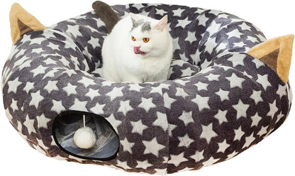 Plush Cat Tunnel Bed & Play Met - Large 10" x 3" Flexible Play Tube with Cushion & Toys for Cats, Kittens & Small Dogs Gray Star Tunnel Bed