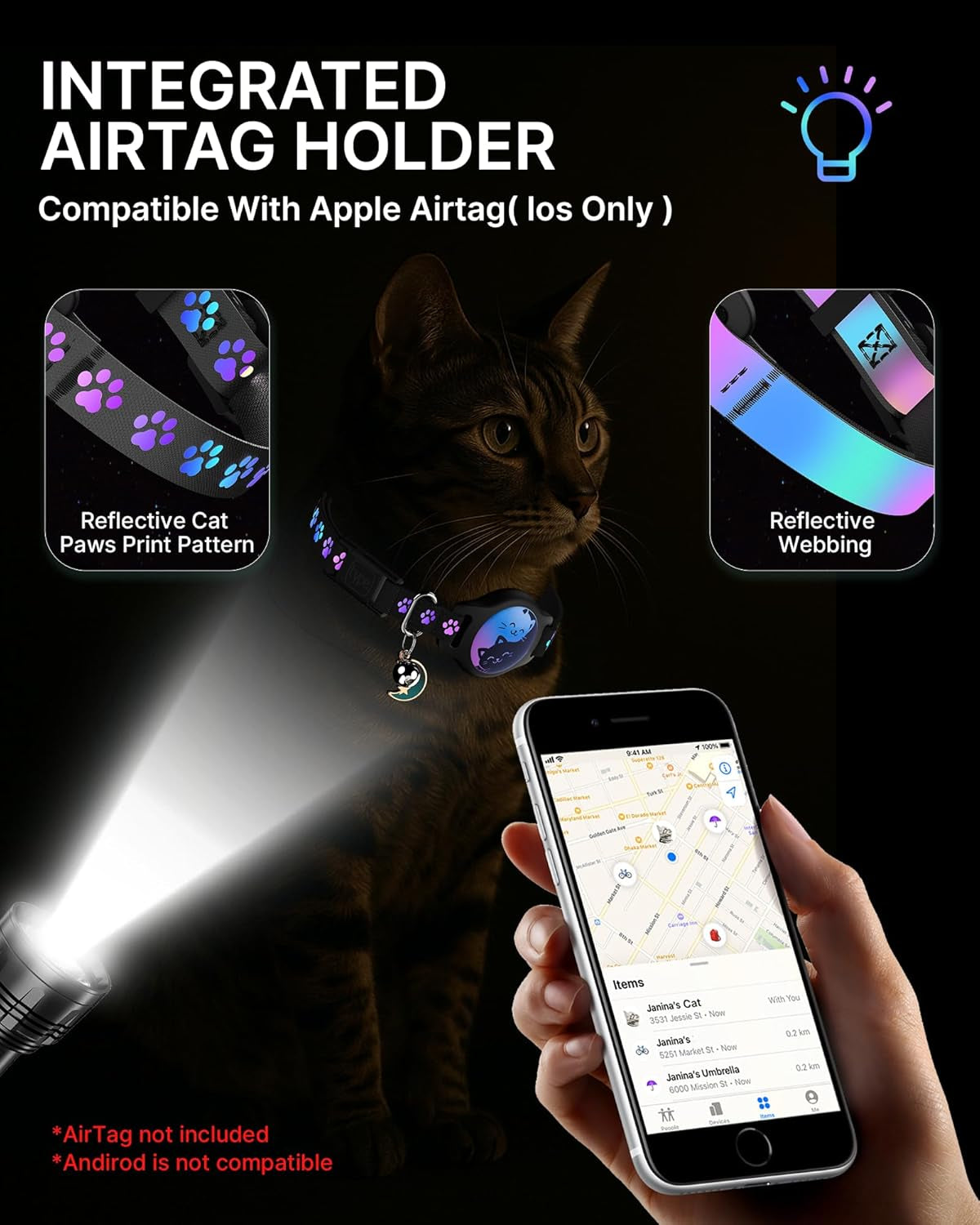 2-Pack AirTag Cat Collars with Breakaway Buckle, Reflective & Waterproof