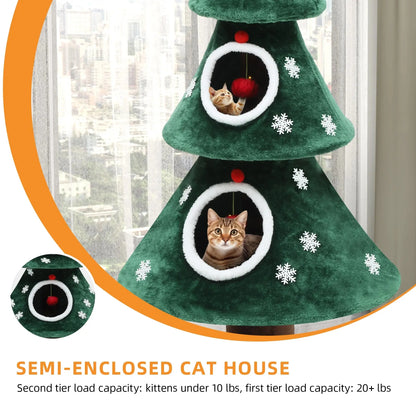 52" Christmas Cat Tree Tower with 2 Beds, Teaser Toys & Holiday Décor