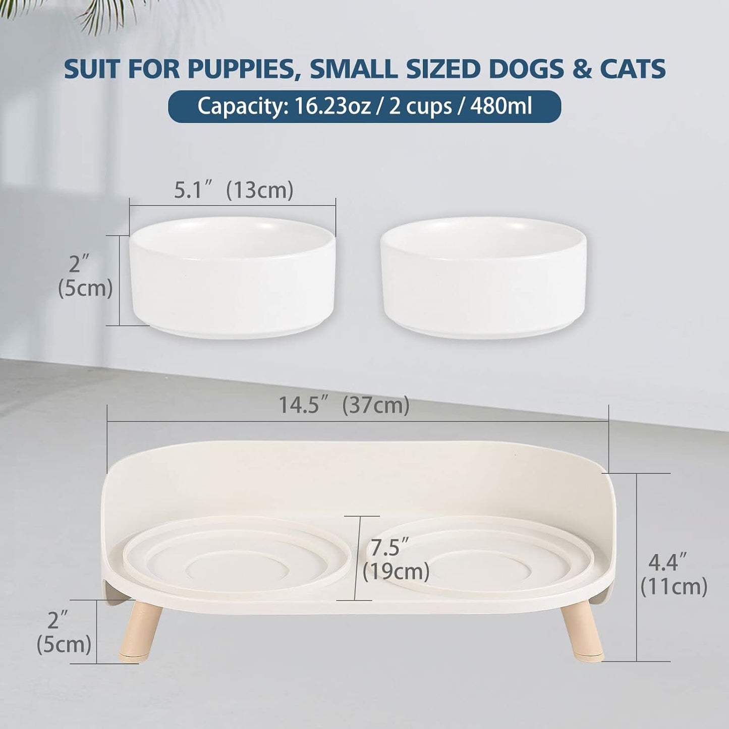 Elevated Ceramic Cat & Dog Bowl Set with Splash Guard, Non-Slip Stand (2x480ml)