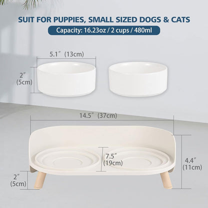Elevated Ceramic Cat & Dog Bowl Set with Splash Guard, Non-Slip Stand (2x480ml)