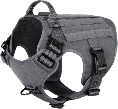No-Pull Tactical Dog Harness with Handle – 2X Metal Buckles, Adjustable Vest with Hook & Loop Panels (All Sizes) Grey