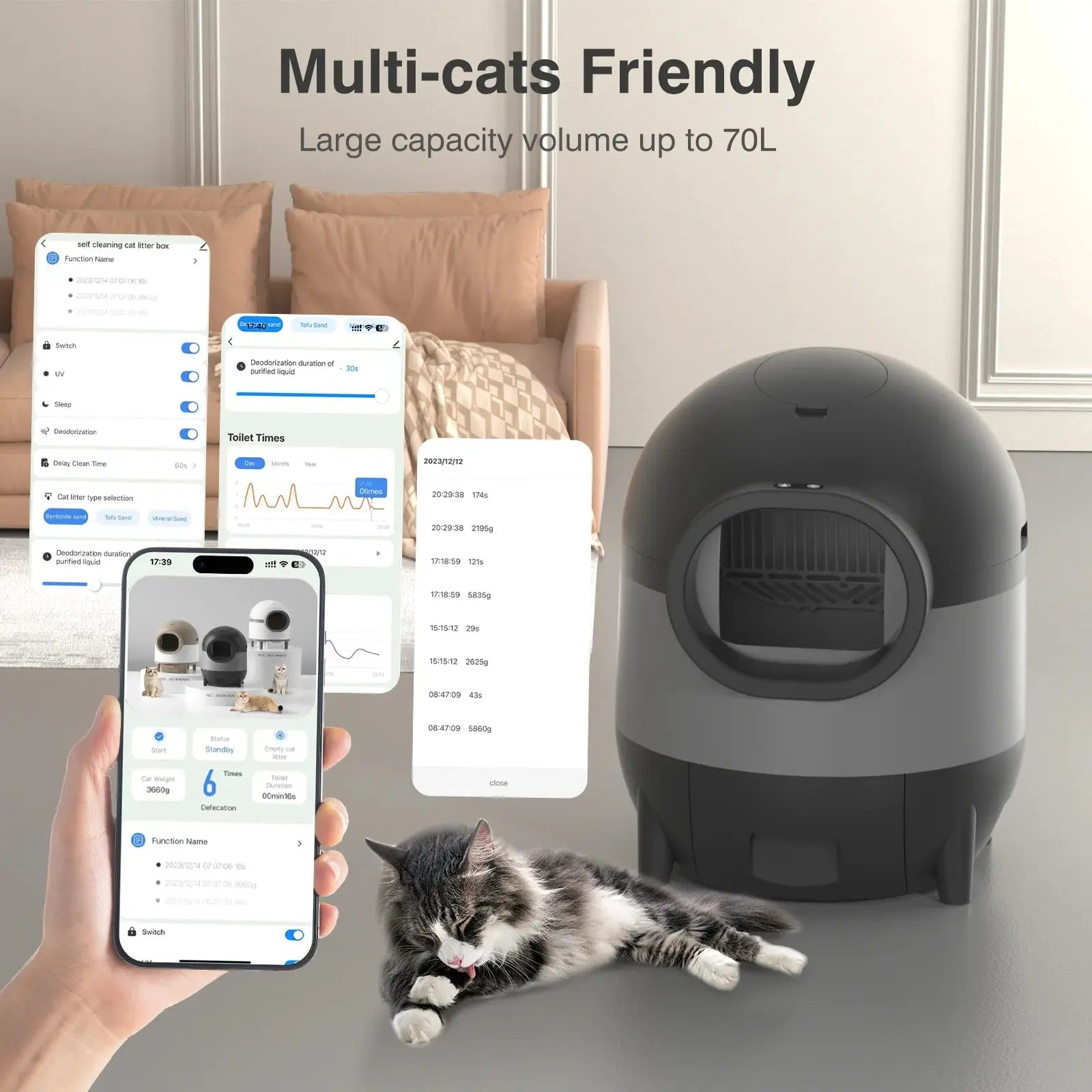 Automatic Self-Cleaning Cat Litter Box WiFi APP Control XL for Multiple Cats (black)