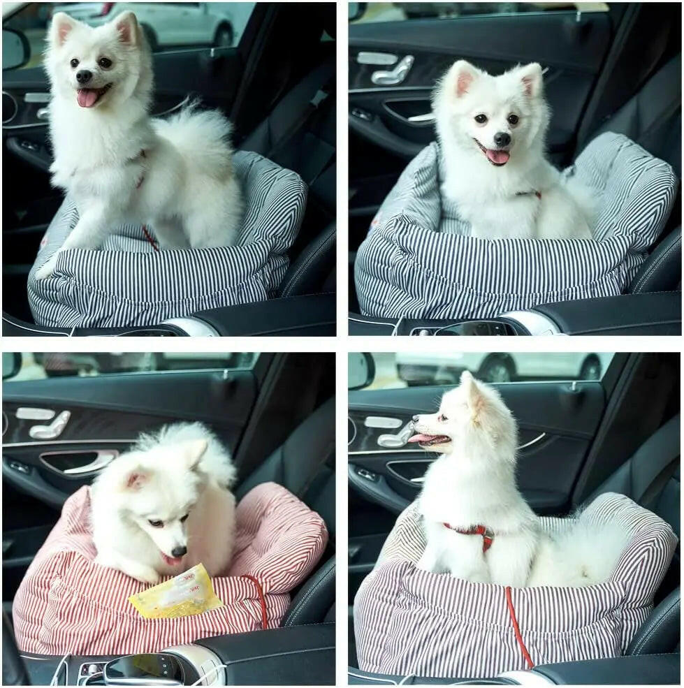 Safe & Cozy Car Rides: Dog Booster Seat with Storage (Coffee Stripe)